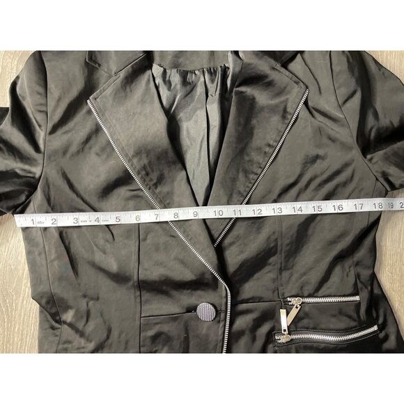Black Satin Jacket with Zipper Details and Ruched Sleeves - Picture 5 of 9